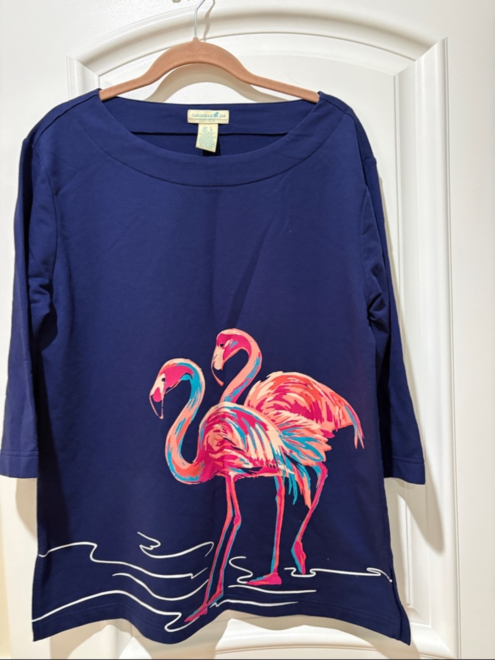Caribbean Joe Navy Top with Pink & Teal Flamingo Print - Picture 5 of 14